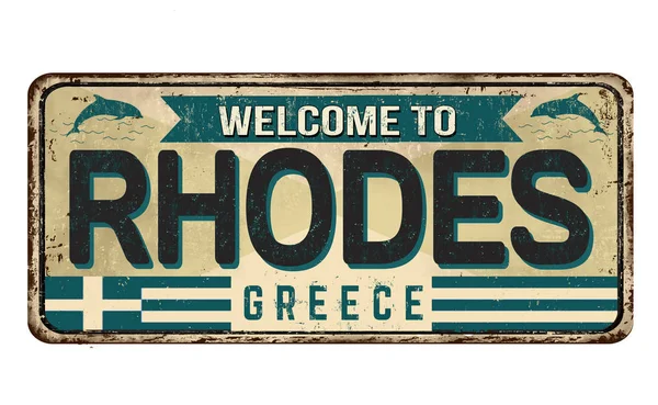 Bienvenue à Rhodes vintage en métal rouillé signe — Image vectorielle