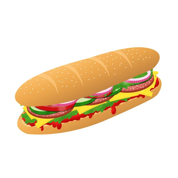 Sandwich submarino con queso, salami y verduras — Vector de stock