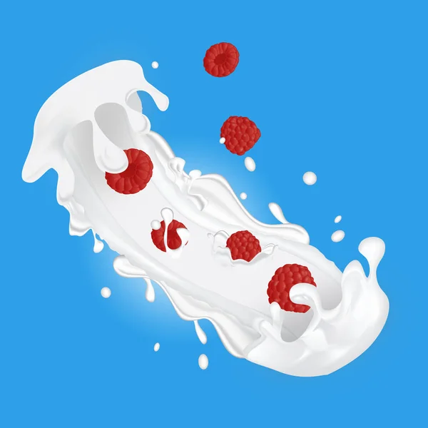 Framboesas no respingo de leite — Vetor de Stock