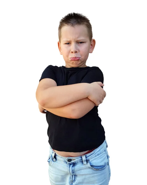 Lindo niño con expresión triste y enojada en la cara — Foto de Stock