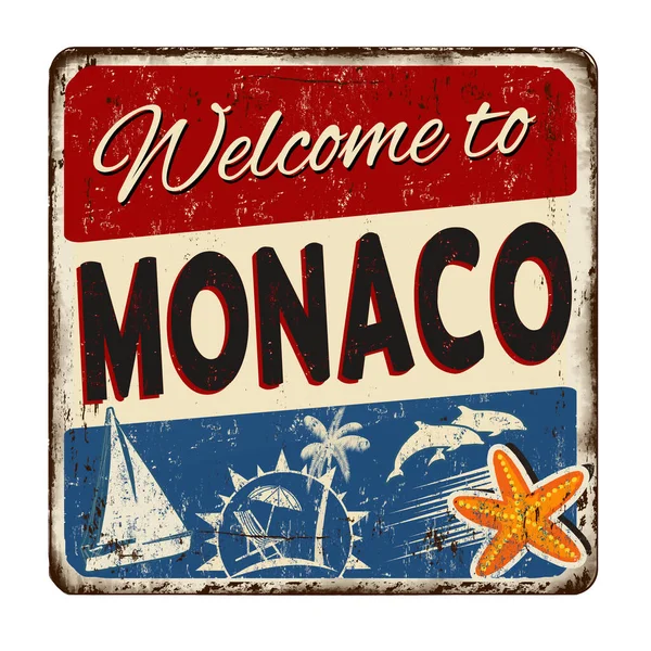 Bem-vindo ao Monaco vintage sinal de metal enferrujado — Vetor de Stock