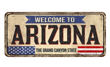 Beyaz arkaplandaki Arizona klasik paslı metal tabelasına hoş geldiniz.