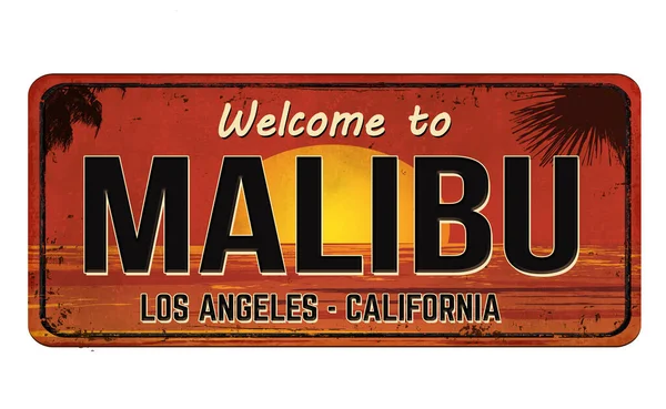 Welkom Bij Malibu Vintage Roestig Metalen Bord Een Witte Achtergrond — Stockvector