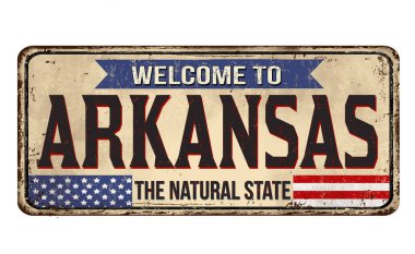 Arkansas 'a hoş geldiniz. Beyaz arka planda paslı metal tabelası, vektör illüstrasyonu.