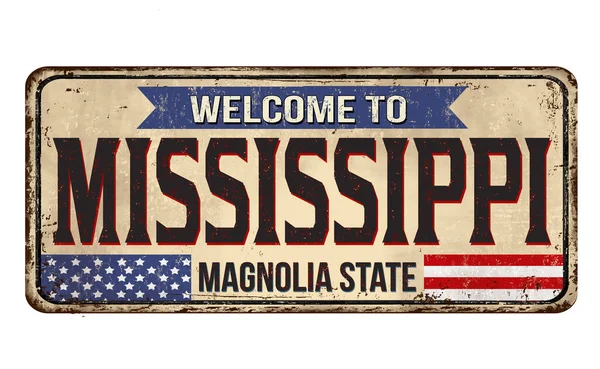 Benvenuti Mississippi Vintage Segno Metallo Arrugginito Uno Sfondo Bianco Illustrazione — Vettoriale Stock