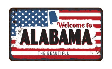 Beyaz arkaplandaki Alabama klasik paslı metal tabelasına hoş geldiniz.