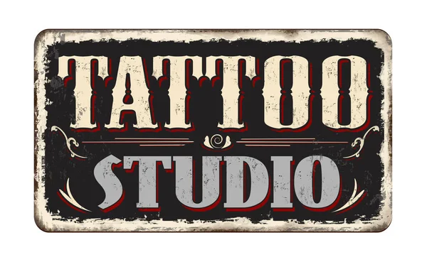 Tattoo Studio Vintage Roestig Metalen Bord Een Witte Achtergrond Vector — Stockvector