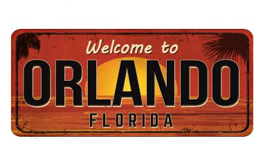 Beyaz arkaplandaki Orlando klasik paslı metal tabelasına hoş geldiniz.