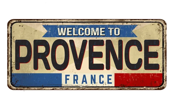 Welkom Bij Provence Vintage Roestig Metalen Bord Een Witte Achtergrond — Stockvector