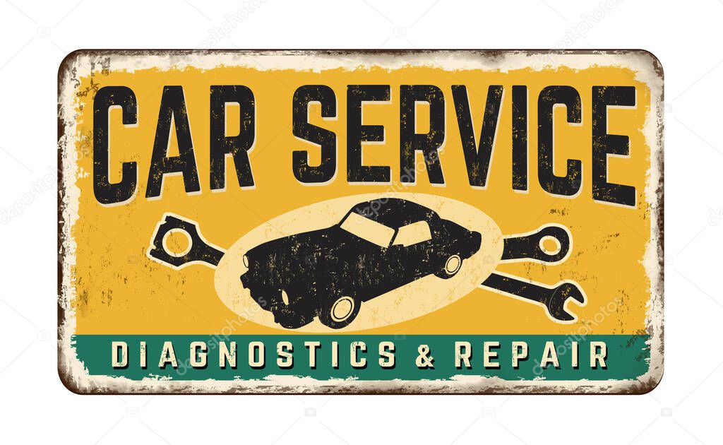 Car service vintage rusty metal sign on a white background, vector illustration