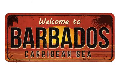 Beyaz arkaplandaki Barbados klasik paslı metal tabelasına hoş geldiniz.