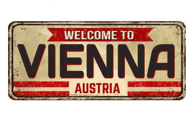 Beyaz arka plandaki Viyana klasik paslı metal tabelasına hoş geldiniz.