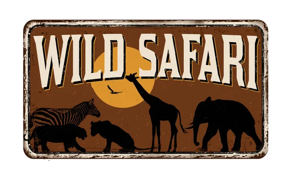 Cartel Metálico Oxidado Vintage Safari Salvaje Sobre Fondo Blanco Ilustración — Vector de stock