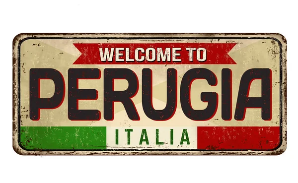 Witamy Perugia Vintage Zardzewiały Znak Metalu Białym Tle Wektor Ilustracji — Wektor stockowy