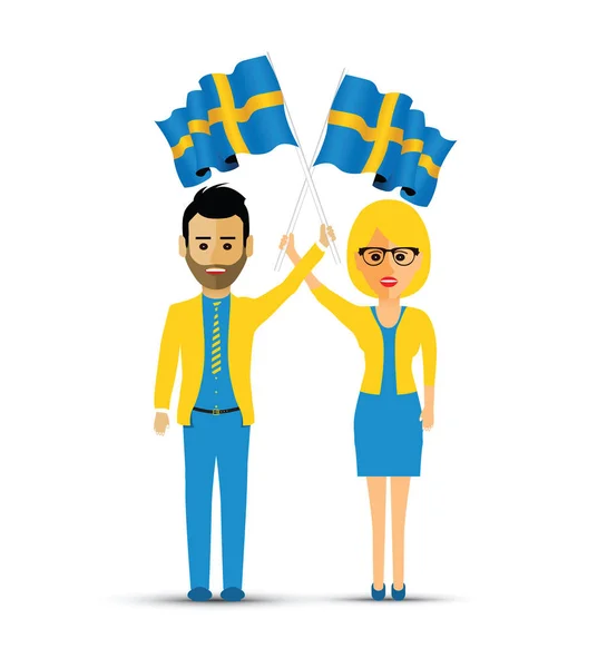 Флаг Швеции Размахивая Мужчиной Женщиной — стоковый вектор