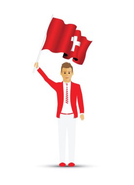 İsviçre bayrağı sallayarak adam