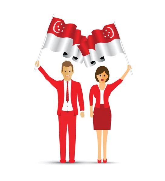 シンガポール国旗を振っての男と女 — ストックベクタ