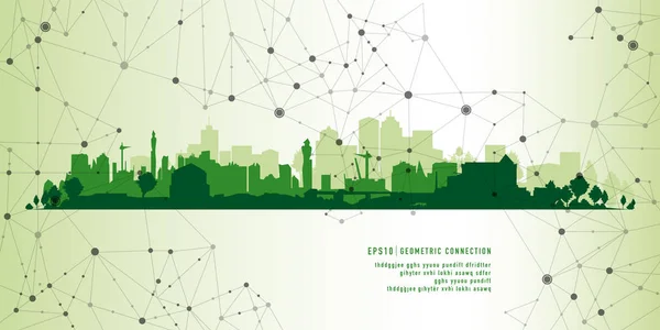 Groene Cityscape bezienswaardigheden geometrische verbinding achtergrond — Stockvector
