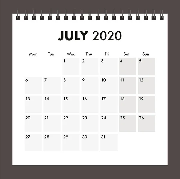 July 2020 calendar with wire band — Stock Vector