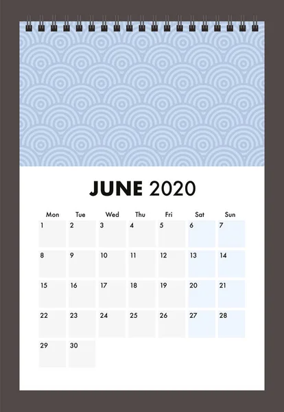 June 2020 calendar with wire band — Stock Vector