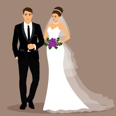 Gelin ve damat. Bir çift. Yeni evliler için düğün kartı. Ayrı nesneler. Vektör illüstrasyonu.