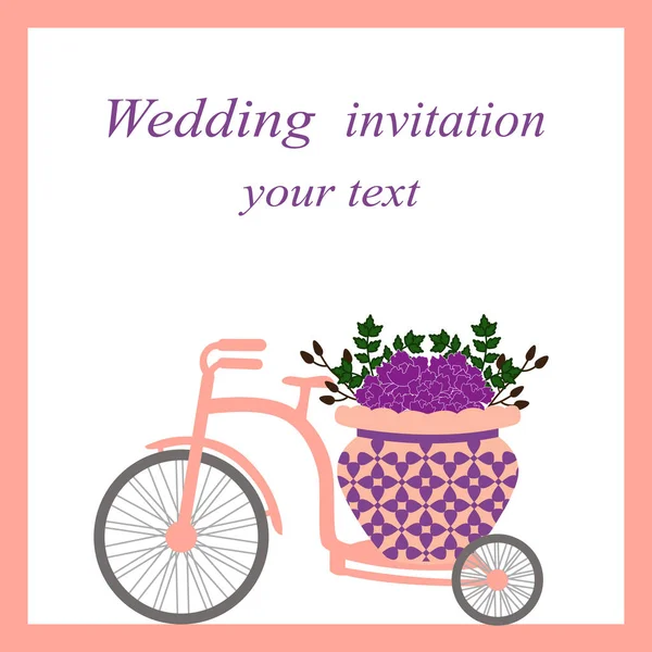 Tarjeta de boda con bicicleta y flores . — Vector de stock