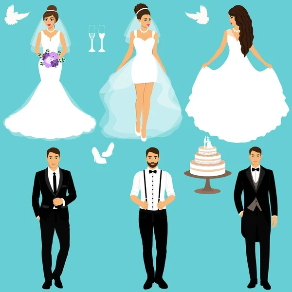 Pengantin Pria Dan Wanita Pasangan Set Pernikahan Koleksi Seperangkat Pakaian - Stok Vektor