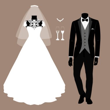 Gelin ve damat elbiseleri ile düğün kartı.