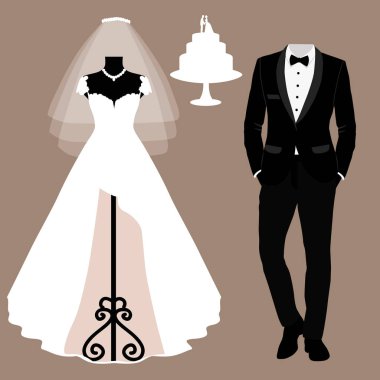 Gelin ve damat elbiseleri ile düğün kartı.