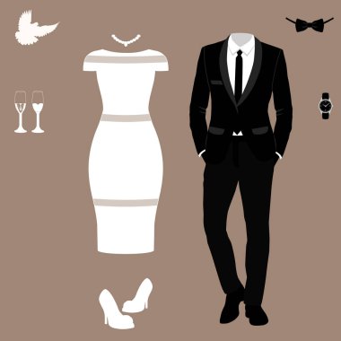 Gelin ve damat elbiseleri ile düğün kartı. 