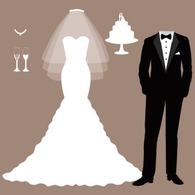 Gelin ve damat elbiseleri ile düğün kartı. 