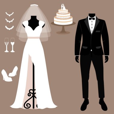 Gelin ve damat elbiseleri ile düğün kartı. Düğün küme. Güzel düğün elbise ve smokin. Vektör çizim.