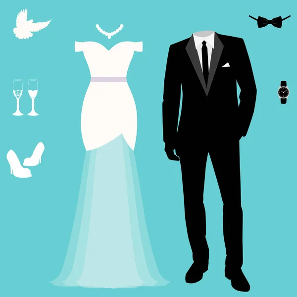 与衣裳的新娘和新郎的婚礼卡 婚礼套 美丽的婚纱礼服和燕尾服 矢量图 — 图库矢量图片
