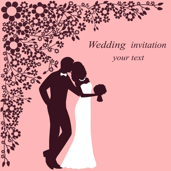 Invitation card with the bride and groom on a floral background. — Stock Vector