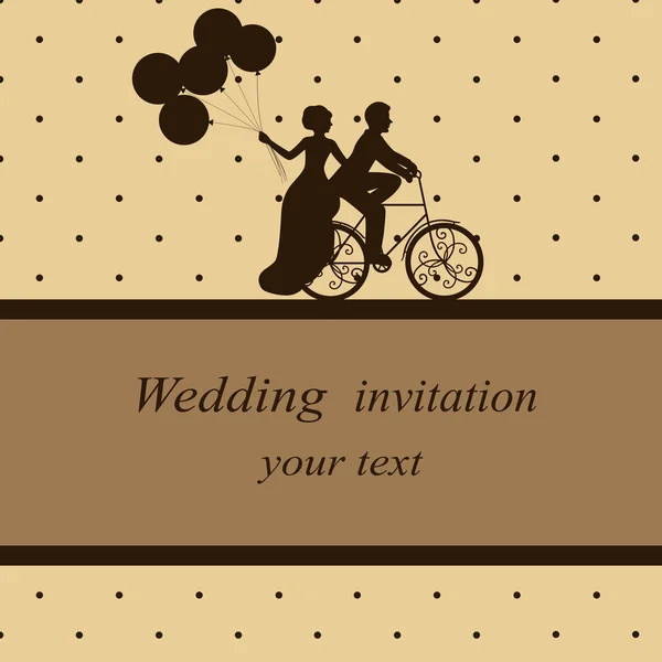 Invitation card with newlyweds on a bicycle in vintage style. Br — Stock Vector