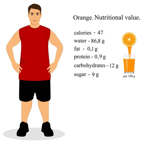 Un tizio con il succo. Arancione. Valore nutrizionale. Stile di vita sano . — Vettoriale Stock