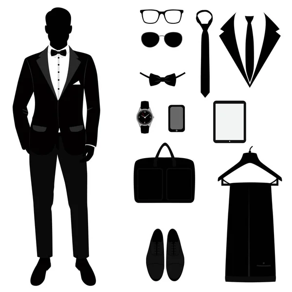 Mens smoking. Accessoires pour hommes. Ensemble de mariage hommes — Image vectorielle