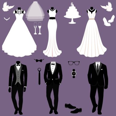 Gelin ve damat elbiseleri ile düğün kartı. Se düğün