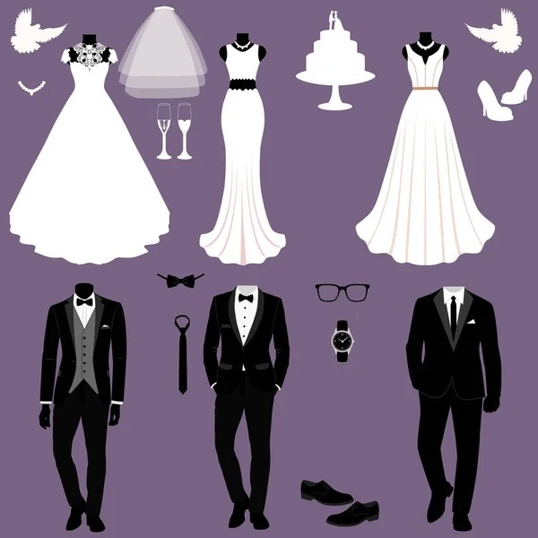 Весільна листівка з одягом нареченого і нареченого. Весільне сидіння — стоковий вектор