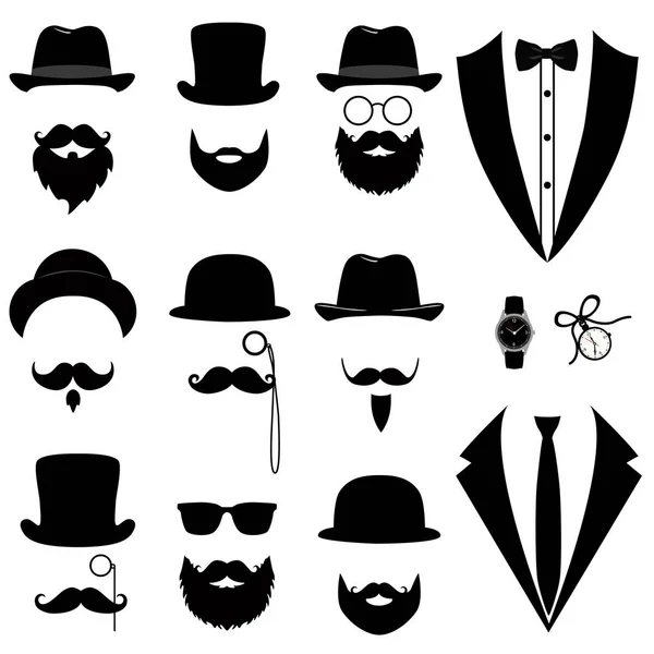 Esmoquin para hombre. bigote, gafas, barba, tubo y sombrero de copa . — Vector de stock