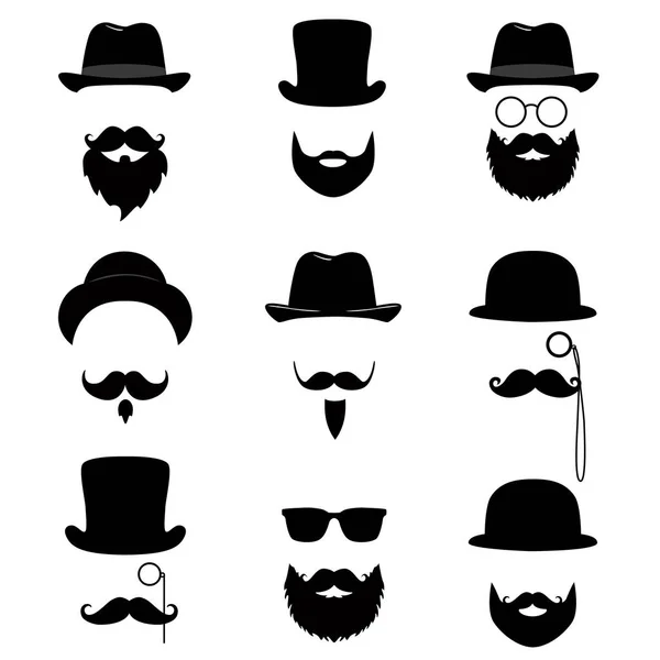 Collection Hommes. Moustache, lunettes, barbe, pipe et chapeau haut de forme . — Image vectorielle