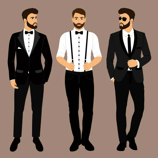 Un hombre con tirantes. El novio. Ropa. Traje de boda mens , — Vector de stock