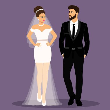 Gelin ve damat. Çift. Düğün kartı ile yeni evliler.