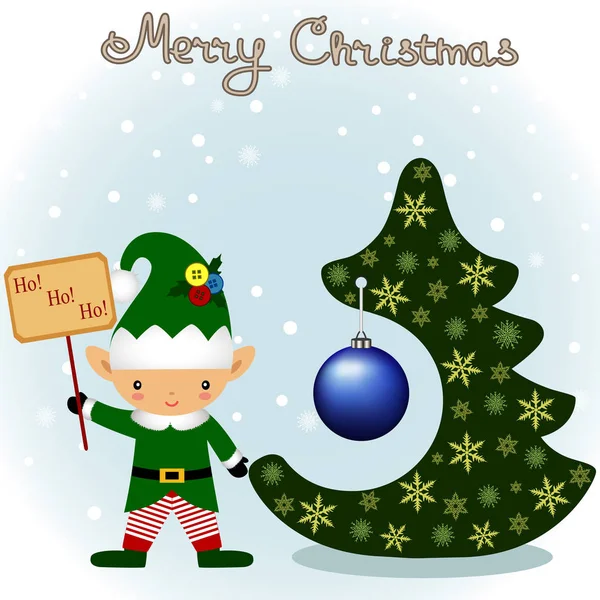 Biglietto di Natale con Albero di Natale e Elfo di Natale . — Vettoriale Stock