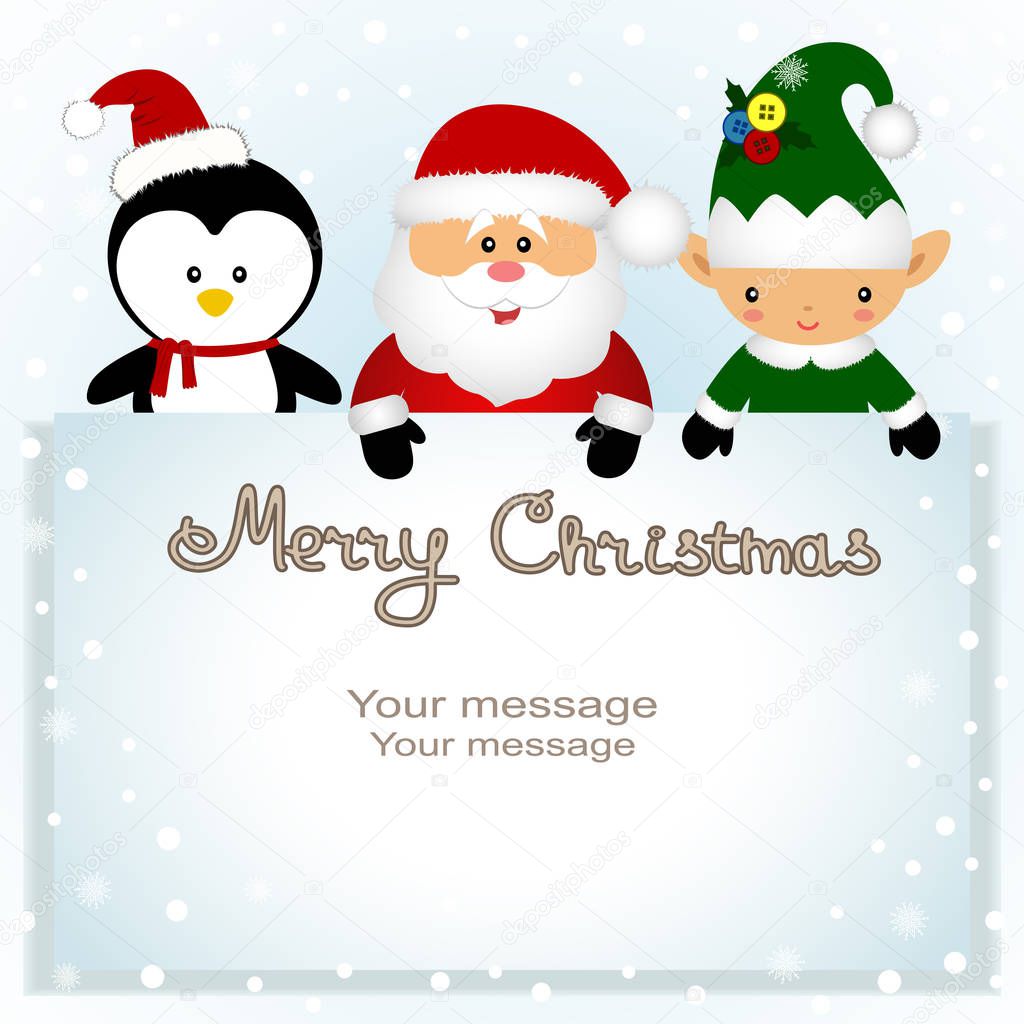 Christmas card. Funny postcard with Christmas Elf, penguin and Santa.