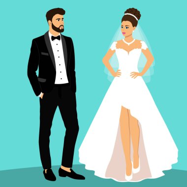 Gelin ve damat. Çift. Düğün kartı ile yeni evliler. 
