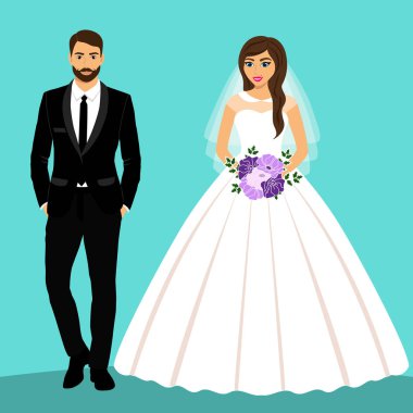 Gelin ve damat. Çift. Düğün kartı ile yeni evliler.