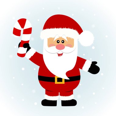 Noel kartı. Noel Baba. Şeker kamışı ile Noel Baba ile. Düz tasarım. Vektör çizim