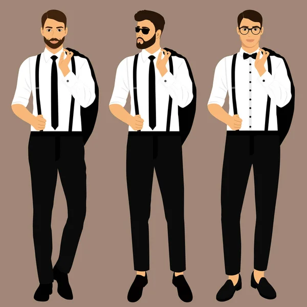 Wedding Men Suit Tuxedo Collection Groom Gentleman Businessman Clothing Vector — Stock Vector