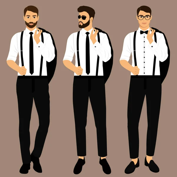 Erkek takım elbise ve smokin düğün. Koleksiyon. Damat. Beyefendi. İş adamı. Giyim vektör çizim